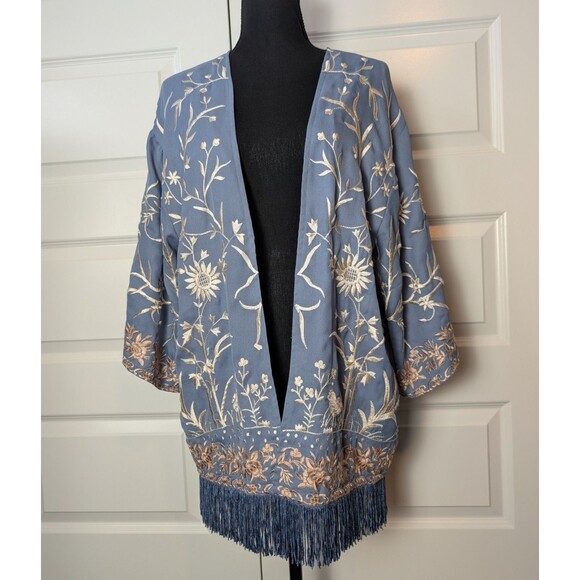 Soft Surroundings Size S/M Hidden Garden Fringe Blue Cream Embroidered Kimono - Picture 2 of 11